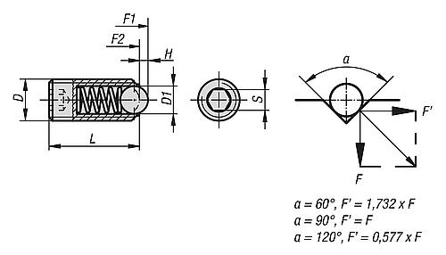 Zeichnung Federndes Druckstück Standard Federkraft M03 L=9 Edelstahl, Komp: Kugel aus Edelstahl - K0316.03 - kommt direkt von HUG Technik 😊