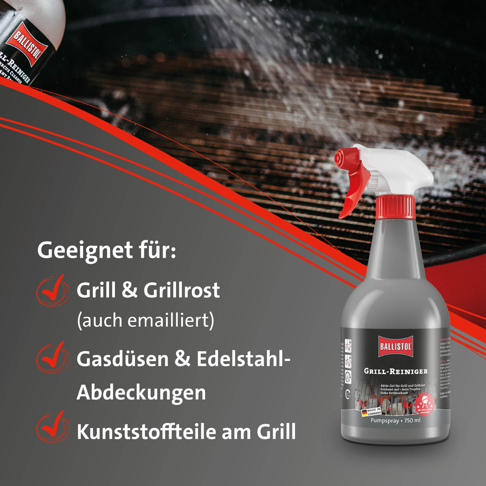 Ballistol Grillreiniger wird auf Grillrost gesprüht