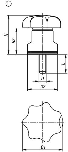 Sterngriff mit Spannkraftverstärker M10x20, D1=50, H=42, Form: L, Thermoplast schwarz, Komp: Stahl - K1596.410X20 - bekommst Du bei ★ HUG Technik ✓