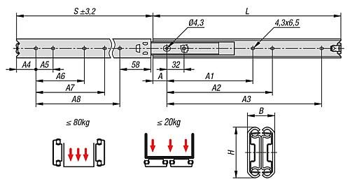 Teleskopschiene L=300 19,1X35,3, Vollauszug S=304,5, Fp2=50, Fp1=65, Edelstahl blank, Montage seitlich, 1 - K1715.0300 - direkt bei HUG Technik ✓