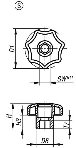 Sterngriff ähnlich DIN6336 mit Innensechskant, D1=32 SW=8, Form:S, Thermoplast schwarz, Deckel:schwarz - K0155.808 - bei HUG Technik ✭