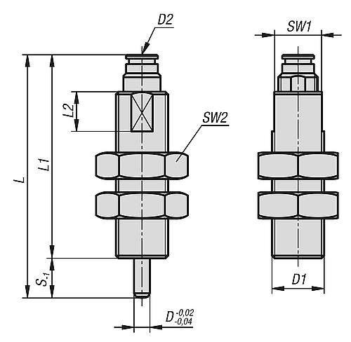 Arretierbolzen mit Pneumatikzylinder Gr.2 M20X1,5, H=10, D=6, Autom.Stahl gehärtet, Komp: Stahl - K1116.1206010 - bei HUG Technik ♡