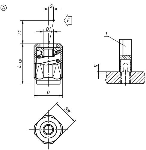 Federndes Seitendruckstück mit Gewindehülse D=M12 L=11,5, Form: A Stahl, ohne Druckbolzen Komp: Stahl - K0372.1020X12 - direkt von HUG Technik ✓