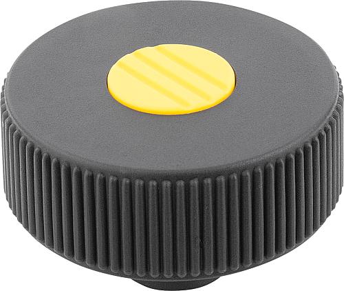Rändelrad Gr.1 M05, Form: K Thermoplast, schwarz RAL7021, Komp: Edelstahl, Komp: gelb RAL1021, D=40 - K0261.21057 - direkt bei HUG Technik ✓