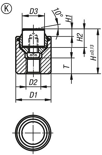 Zeichnung Pendelauflage mit O-Ring M06 D1=17, Form:K Vergütungsstahl, auswechselbare Einsätze, Komp:Polyacetal - K0285.717X022 - bei HUG Technik ♡