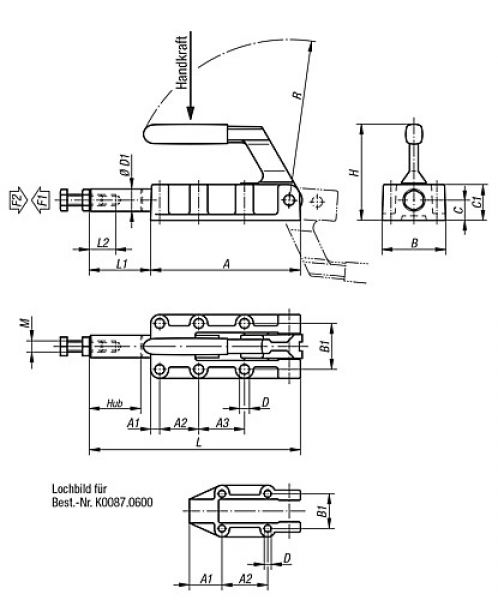 Schubstangenspanner Stahl, schwere Ausführung, Komp:Kunststoff, Komp:blau - K0087.0600 - bei HUG Technik ♡