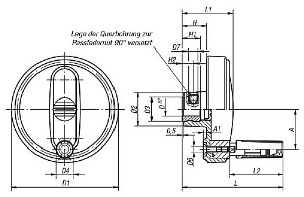 Handrad mit Nut Gr.1 D1=80 Thermoplast, drehbar, Komp: Thermoplast, D=10 - K0257.10801003 - direkt von HUG Technik ✓