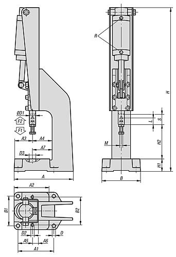 Zeichnung Kniehebelpresse Pneumatisch, Form: A, F2=12000, Stahl, Komp: Stahl - K1551.12000 - bei HUG Technik ♡