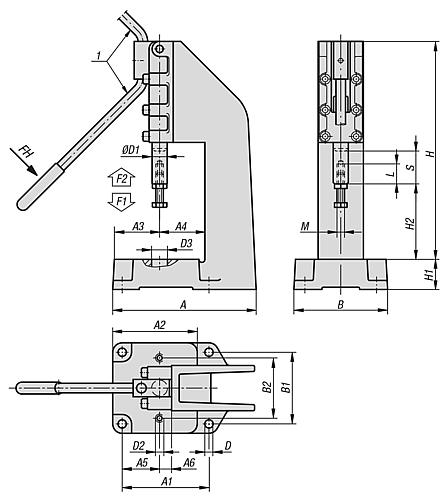 Zeichnung Kniehebelpresse Handausführung, F2=12000, Stahl, Komp: Stahl - K1550.12000 - gibt’s bei ☆ HUG Technik ✓