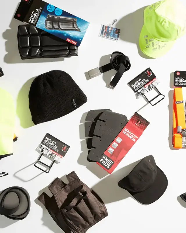 MASCOT-Zubehör: Knieschützer, Gürtel, Strickmütze, Caps, Hammerhalter und Hosenträger