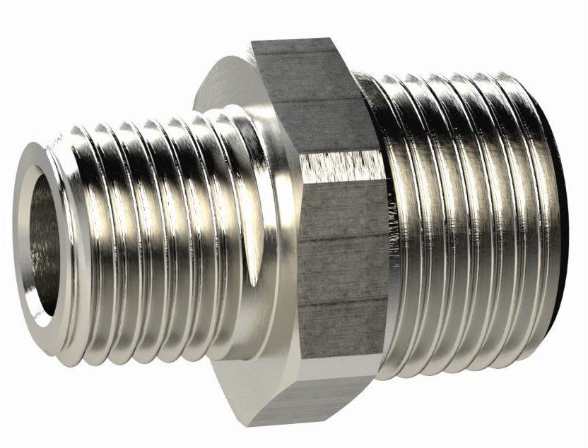 Doppelgewindenippel, konisch, R 1/4 a., R 1/2 a., SW 22, Messing vernickelt - erhältlich bei ☆ HUG Technik ✓