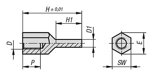 Zeichnung Auflagebolzen Stiftform, M06 Innengewinde, H=20, D1=4, SW=10, Form: D, Vergütungsstahl vergütet - K1105.2060420 - gibt’s bei ☆ HUG Technik ✓