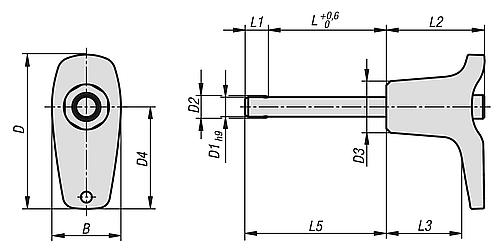 Kugelsperrbolzen mit L-Griff, D1=10, L=20, L1=8,9, L5=28,9, Edelstahl, Komp: Thermoplast Komp: rot RAL3020 - K0792.10843510020 - direkt von HUG Technik ✓