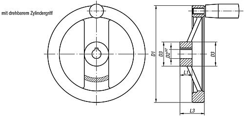 2-Speichenhandrad D1=100 Passbohrung D2=10H7, Aluminium, schwarz pulverbesch, Komp:Duroplast, Griff - K0162.41100X10 - bei HUG Technik ✓