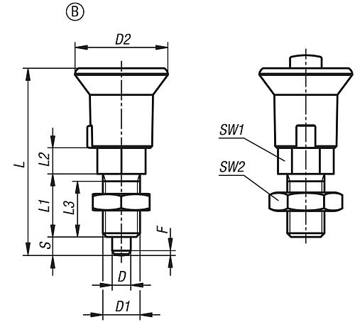 Arretierbolzen mit Verriegelung Gr.1 M10X1, D=5, Form: B mit Kontermutter, Edelstahl ungehärtet, Komp: Thermoplast - K1213.121051 - bei HUG Technik ♡
