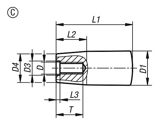 Konusgriff feststehend Gr.1 M06, D1=18, Form: C, Duroplast schwarz hochglanzpoliert - K1202.10618 - erhältlich bei ♡ HUG Technik ✓