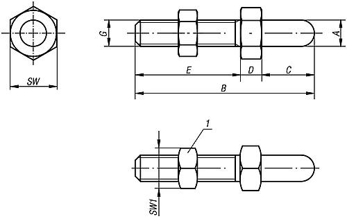 Stützschraube mit Kontermutter M06 B=37 Vergütungsstahl, E=25, SW=13 - K0297.06006 - bei HUG Technik ☆