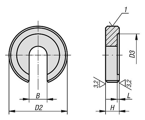 Zeichnung Vorsteckscheibe D1=100 Vergütungsstahl, DIN6372, B=37 - K0730.36 - bei HUG Technik ✭