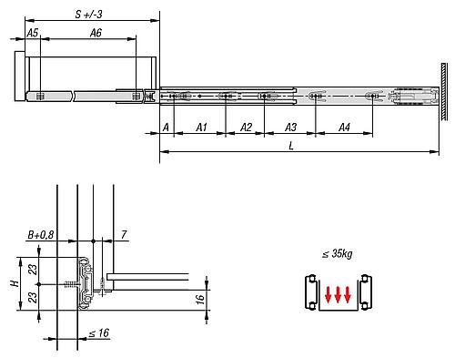 Teleskopschiene L=300 12,7X46, Vollauszug S=300, Fp=35, Stahl blau verzinkt, Montage aufliegend, 1 Stück - K1573.0300 - gibt’s bei HUG Technik ✓