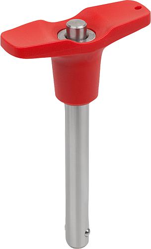 Kugelsperrbolzen mit T-Griff, D1=10, L=20, L1=8,9, L5=28,9, Edelstahl, Komp: Thermoplast Komp: rot RAL3020 - K0792.20846310020 - gibt’s bei HUG Technik ✓
