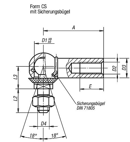Winkelgelenk DIN71802 Linksgewinde M05, Form:Cs mit Sicherungsbügel, Edelstahl 1.4305 blank, Komp:Neopren - K0734.108051 - gibt’s bei HUG Technik ✓