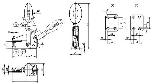 Zeichnung Schnellspanner Standard, Fuß waagrecht, Edelstahl, Komp: Polyamid Komp: rot RAL3020, M=M05x25 - K0662.105003 - direkt bei HUG Technik ✓