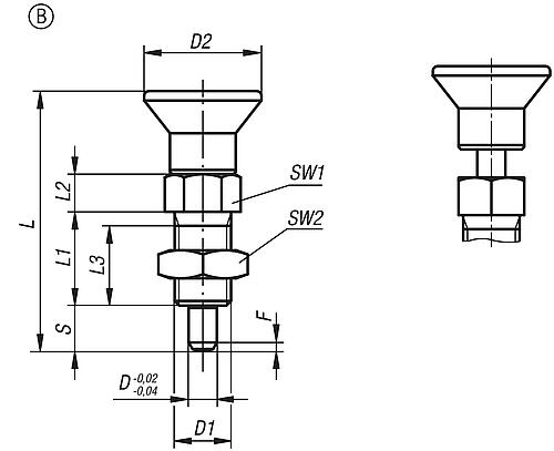 Arretierbolzen mit verl. Arretierstift Gr.0 M08x1, Form: B Edelstahl, gehärtet, Komp: Thermoplast, D=4 - K0630.202004 - bekommst Du bei ★ HUG Technik ✓