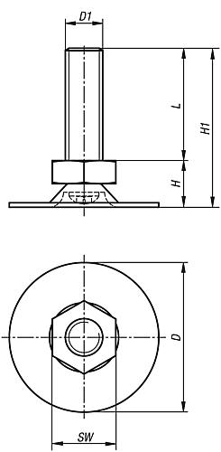 Stellfuß ohne Bohrung M08X16 Stahl, D=30 - K0678.03008X016 - bekommst Du bei HUG Technik ♡