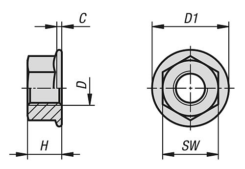 Sechskantmutter mit Flansch EN1661, M04, SW=7, Edelstahl A2 blank - K1797.104 - erhältlich bei ♡ HUG Technik ✓