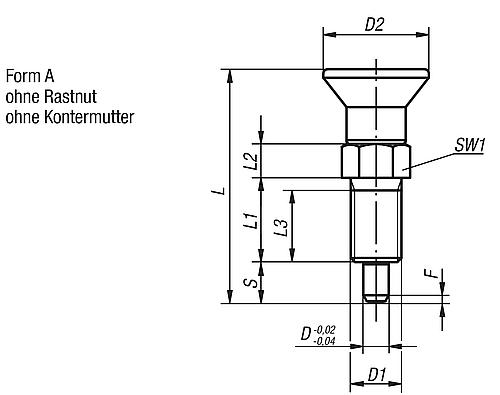 Arretierbolzen mit verl. Arretierstift Gr.0 M08x1, Form: A Edelstahl, gehärtet, Komp: Thermoplast, D=4 - K0630.201004 - bei HUG Technik ✭