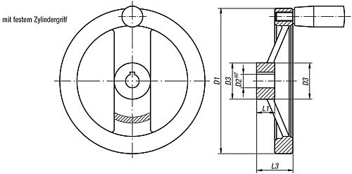 2-Speichenhandrad D1=100 Passbohrung D2=10H7, Aluminium, schwarz pulverbesch, Komp:Duroplast, Griff - K0162.21100X10 - bei HUG Technik ☆