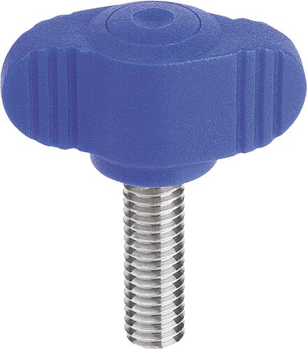 Flügelgriff visuelldetektierbar, Miniwing D=M05X20 A=28, H=15, Form:L mit Außengewinde, Polyamid blau - K0274.130005X20