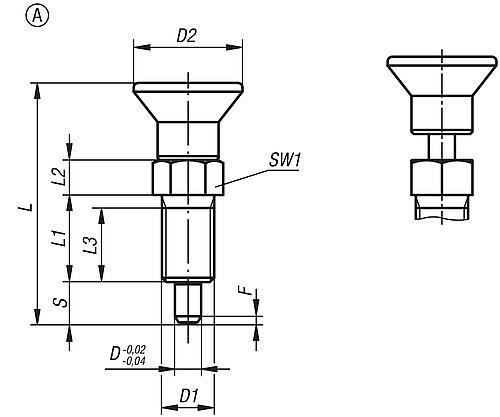 Arretierbolzen mit verl. Arretierstift Gr.0 M08x1, Form: A Edelstahl, gehärtet, Komp: Thermoplast, D=4 - K0630.201004 - bei HUG Technik ✭