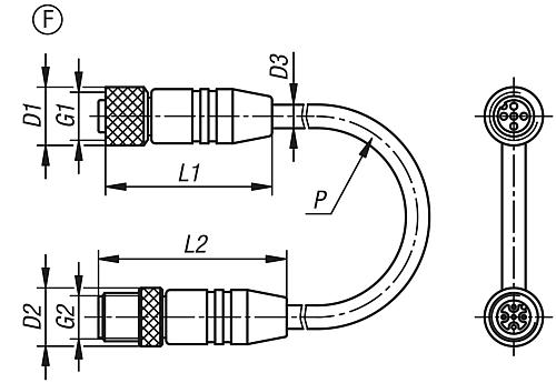 Steckverbinder mit Schraubanschluss geschirmt, Form:F, G2=M12X1, D1=14,5, D2=14,5, P=1000, N=5X0,34 Mm², L1=43 - K1482.1211235X1000 - direkt bei HUG Technik ✓
