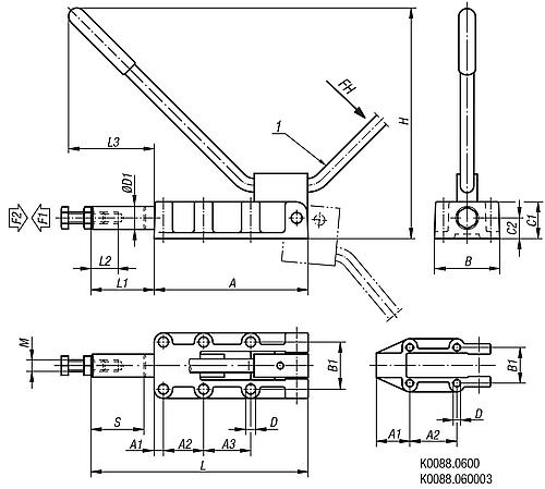 Schubstangenspanner schwere Ausführung, F1=11000, F2=25000, Stahl Phosphatiert, Komp:Kunststoff Komp:rot, ohne Konsole - K0088.250003 - bei HUG Technik ✭