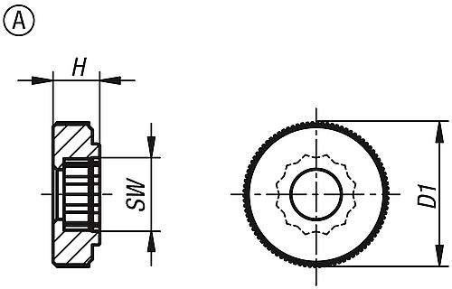 Rändelknopf für Sechskantschrauben D1=17 H=5,5, Form: A Pom, schwarz, für=M04, SW=7 - K1138.00040 - bei HUG Technik ✓