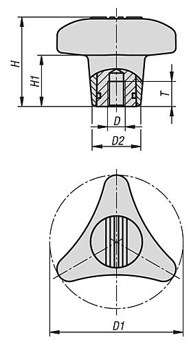 Zeichnung Drehmoment-Dreisterngriff M08 D1=80 Thermoplast, Komp: Edelstahl, Komp: elektrolytisch poliert - K1019.180085 - erhältlich bei ♡ HUG Technik ✓