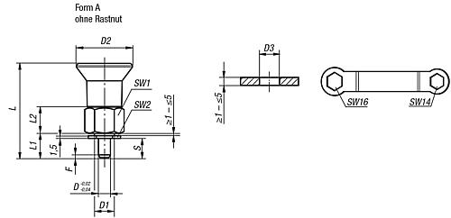 Arretierbolzen für dünnwandige Teile Gr.1 M10X1, Form: A Stahl, gehärtet, Komp: Thermoplast, D=5 - K0735.31105 - erhältlich bei ✭ HUG Technik ✓