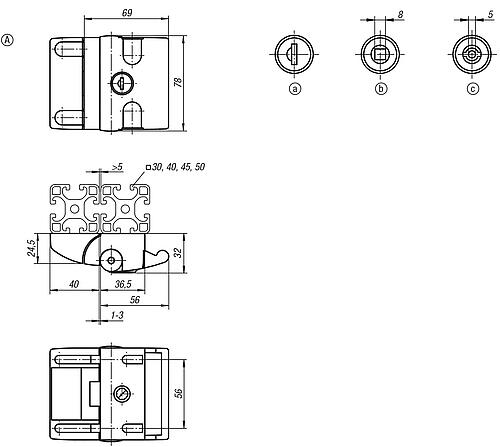 Zeichnung Fallenverschluss Form:A, Aluminium schwarz, Nicht abschließbar, BN=8/10 - K1496.100561 - gibt’s bei ☆ HUG Technik ✓