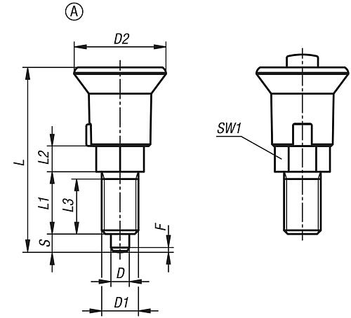 Arretierbolzen mit Verriegelung Gr.1 M10X1, D=5, Form: A ohne Kontermutter, Edelstahl ungehärtet, Komp: Thermoplast - K1213.111051 - erhältlich bei ✭ HUG Technik ✓