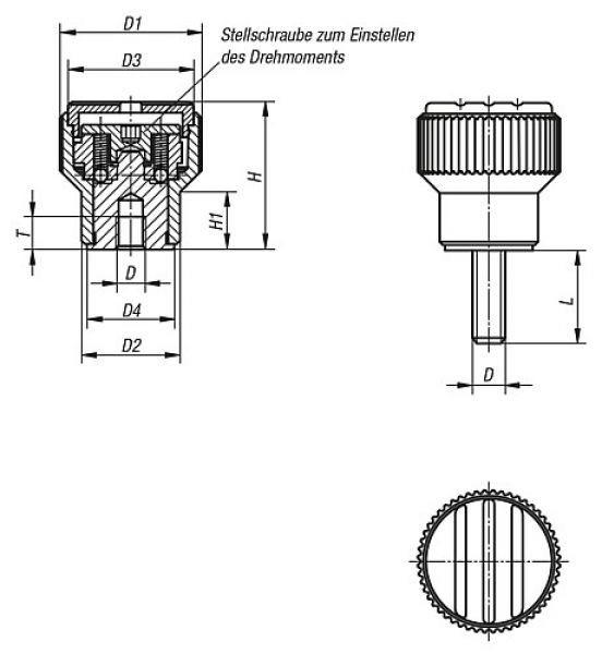 Drehmoment-Rändelknopf Gr.2 M05 Thermoplast, schwarz RAL7021, Komp: Stahl, Komp: gelb RAL1021 - K0277.2057 - direkt von HUG Technik ✓