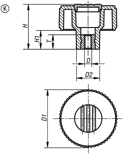 Rändelrad Gr.1 M05, Form: K Thermoplast, schwarz RAL7021, Komp: Edelstahl, Komp: schwarz RAL7021, D=40 - K0261.2105 - bei HUG Technik ☆