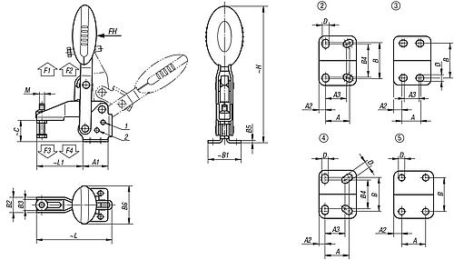 Zeichnung Schnellspanner Standard, Fuß waagrecht, Stahl, Komp: Polyamid Komp: rot RAL3020, M=M05x25 - K0662.005003 - erhältlich bei ♡ HUG Technik ✓