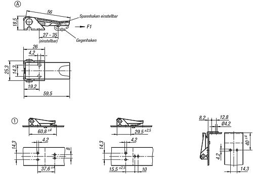 Zeichnung Spannverschluss einstellbar, Form: A Edelstahl, Anschraubbohrung verdeckt - K0047.1420602 - bei HUG Technik ☆