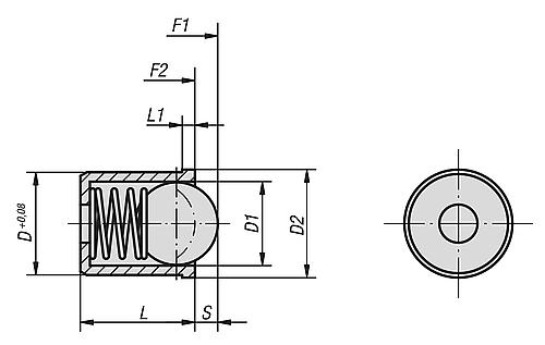 Zeichnung Federndes Druckstück Standard Federkraft, glatte Ausführung, D=2 L=3, Edelstahl, Komp: Edelstahl - K0333.02 - bei HUG Technik ✭