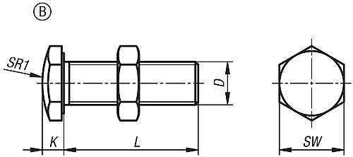Zeichnung Anschlagschraube M03x16, SW=5,5, Form: B abgerundet, Stahl - K1200.20316 - kommt direkt von HUG Technik 😊