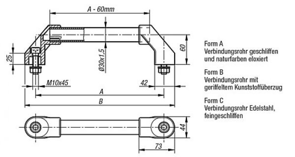 Rohrgriff geriffelt, Form: B Aluminium, schwarz, Komp: Kunststoff, A=250, D=M10x45 - K0222.2502 - bekommst Du bei ★ HUG Technik ✓