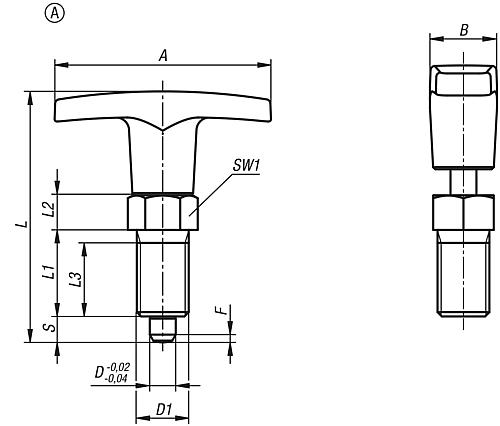 Arretierbolzen mit T-Griff Gr.2 M12X1,5, D=6, Form: A ohne Kontermutter, Edelstahl gehärtet, Komp: Polyamid - K1124.05206 - bekommst Du bei HUG Technik ♡