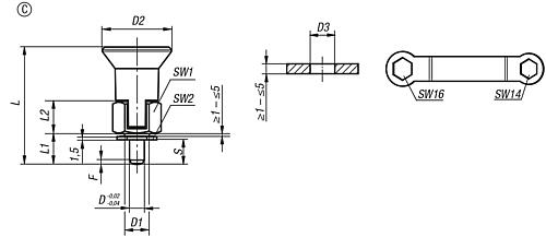 Arretierbolzen für dünnwandige Teile Gr.1 M10X1, Form: C Stahl, gehärtet, Komp: Thermoplast, D=5 - K0735.33105 - gibt’s bei ☆ HUG Technik ✓