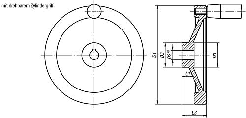 Scheibenhandrad D1=100 Passbohrung D2=10H7, Aluminium, schwarz pulverbesch, Komp:Duroplast, Griff - K0161.41100X10 - direkt von HUG Technik ✓